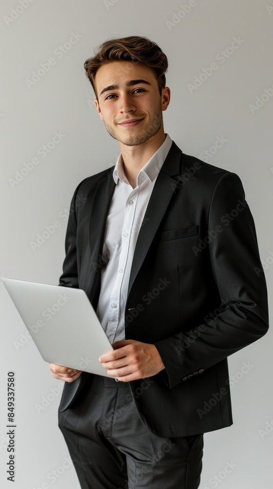 Portrait of a young CEO A developer, programmer in a black suit stands smiling, holding a laptop. Portrait of a young CEO A developer, programmer in a black suit stands smiling, holding a laptop.