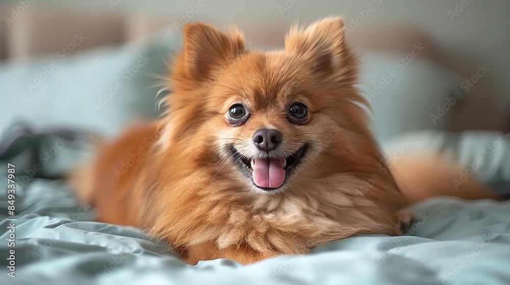 Adorable Pomeranian dog sitting on a pink quilted bedspread Adorable Pomeranian dog sitting on a pink quilted bedspread