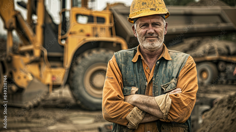 Seasoned construction worker with arms crossed, standing in front of machinery at a work site Seasoned construction worker with arms crossed, standing in front of machinery at a work site
