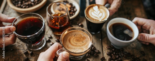 59. Friends hosting a coffee tasting for National Coffee Day, September 29th, sampling different blends and brews, 4K hyperrealistic photo.