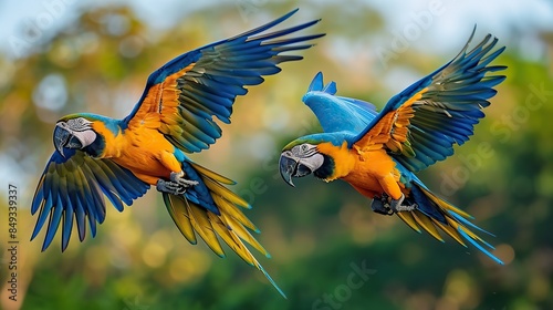 A pair of blue macaws soaring together