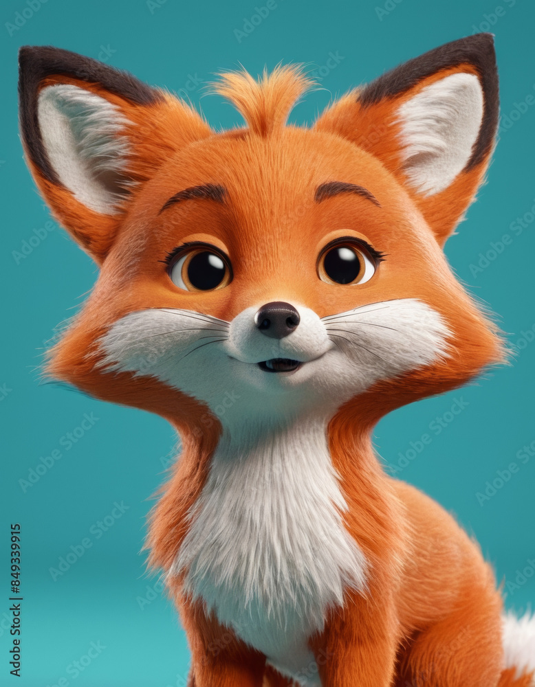 Fototapeta premium A 3D cartoon fox with a bushy tail and a curious look on a teal background.