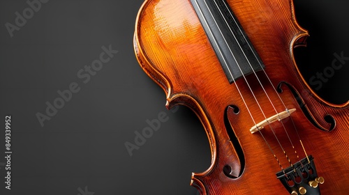 close-up of a violin in classical music. Violin strung instrument isolated on a dark background with copy space, Generative AI.