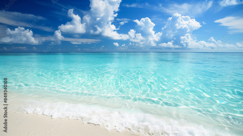 Obraz premium Stunning turquoise ocean with gentle waves lapping against a white sandy shore under a clear blue sky, perfect for a serene escape.