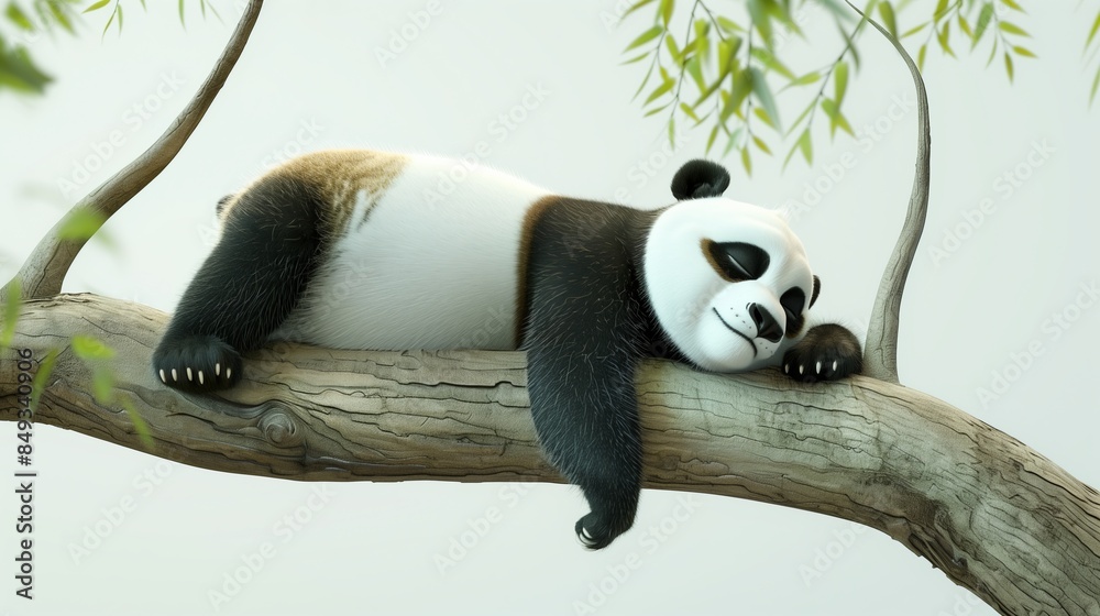 Obraz premium A cute panda sleeping on a thick tree branch, one paw under his head, the other hanging down. White clean background.