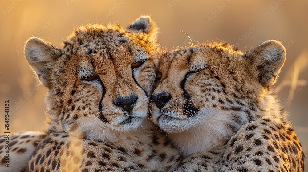 A pair of cheetahs sharing a bonding moment in the wild A pair of cheetahs sharing a bonding moment in the wild