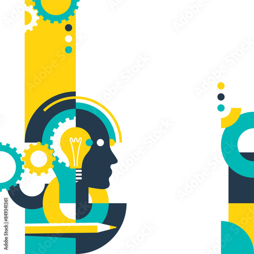 Abstract geometric pattern with human head, gears, lightbulb