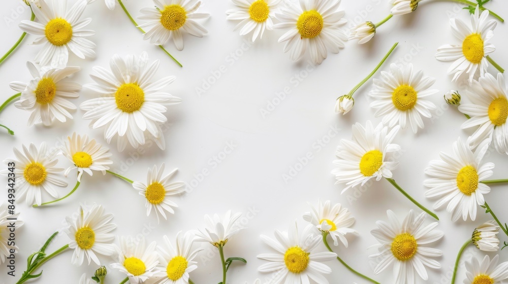 Airy high-key mockup featuring a frame of white daisies on a bright background Airy high-key mockup featuring a frame of white daisies on a bright background
