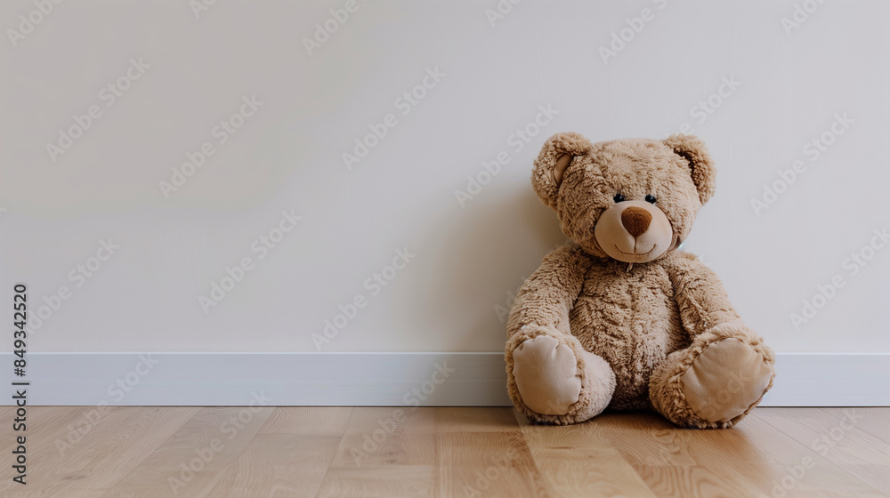 Teddy bear sitting against white wall on wooden floor in minimalist setting Teddy bear sitting against white wall on wooden floor in minimalist setting