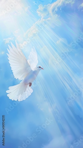 bird, dove, sky, pigeon, flying, blue, white, peace, wing, White doves fly in the air, sacred light shines down from above, blue background with white clouds, white feathers with light, pure and elega