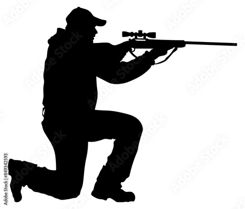 black silhouette of a hunter with a gun without background