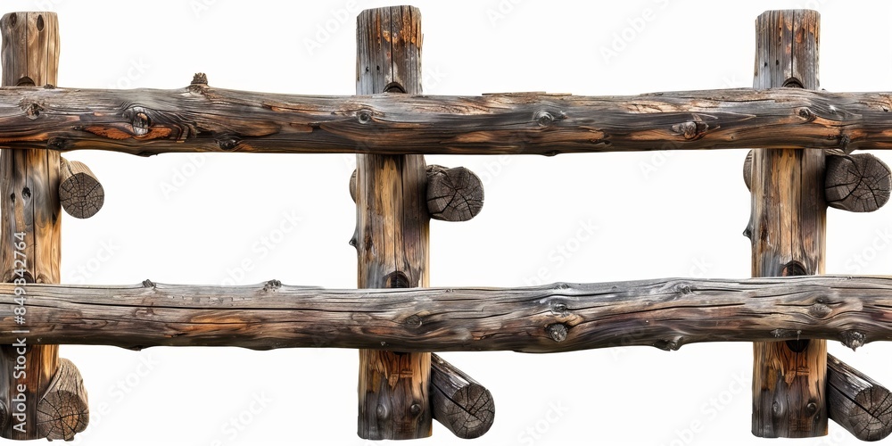 Section of a wooden railing made of round poles isolated on white Section of a wooden railing made of round poles isolated on white