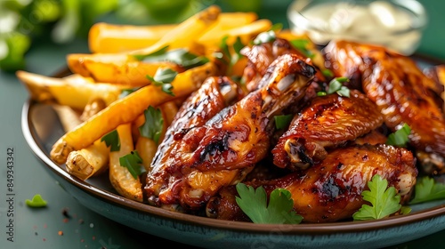 Front view a food in the center some seasoned french fries and chicken wings on a plate, Generative AI illustrations. 