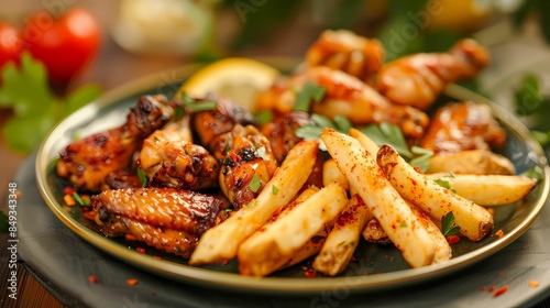 Front view a food in the center some seasoned french fries and chicken wings on a plate, Generative AI illustrations.