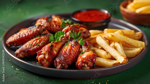 Front view a food in the center some seasoned french fries and chicken wings on a plate, Generative AI illustrations.