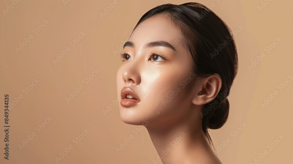 beautiful young asian woman with clean and fresh skin on beige background beautiful young asian woman with clean and fresh skin on beige background