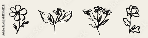 Modern minimal tattoo style flower art poster or placard collection. Ink, charcoal or crayon style drawing. Hand drawn flowers vector illustration set. Abstract pencil drawn plants or floral elements.