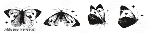 Butterflies vector illustration with vintage stipple effect, y2k collage design set or collection. Monochrome moth photocopy retro design elements for grunge gothic surreal poster or placard.
