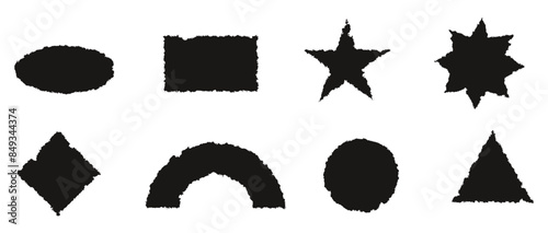 Torn paper shapes with jagged edges vector illustration. Collage black ripped paper sheet with scratches. Grunge frame collection for banner, social media post. Vector illustration isolated on white.