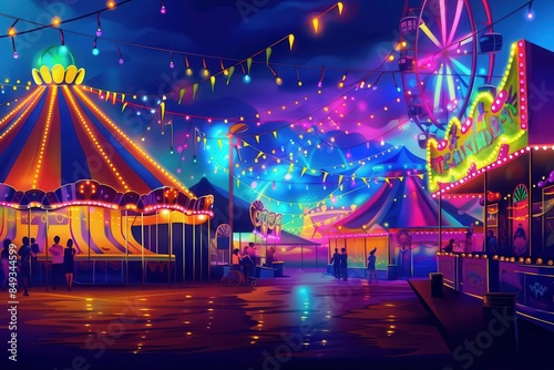 colorful summer carnival at dusk with vibrant lights festive decorations and joyful atmosphere lively fairground scene illustration