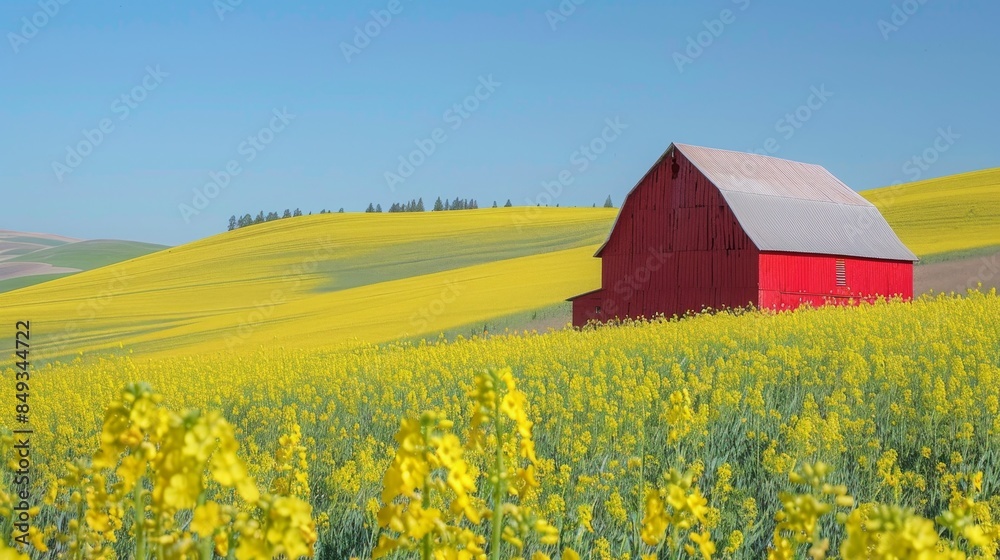 Red barn in yellow canola field under cloudy sky. Rural landscape photography. Red barn in yellow canola field under cloudy sky. Rural landscape photography.