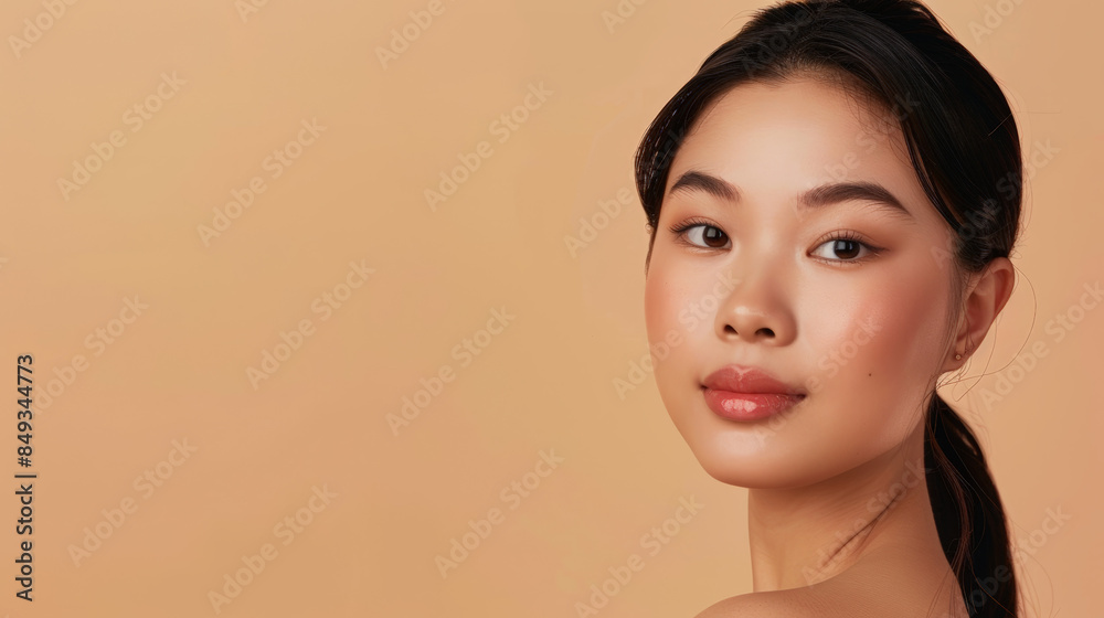beautiful young asian woman with clean and fresh skin on beige background beautiful young asian woman with clean and fresh skin on beige background