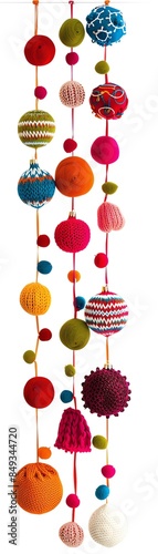 Charming holiday garland with handmade felt ornaments, colorful pompoms, and knitted elements, ideal for a warm, homemade touch photo