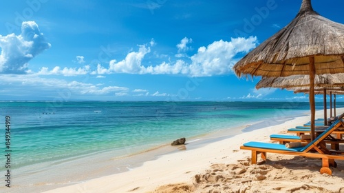 Tropical beach scene with straw umbrellas and wooden lounge chairs by the ocean.
