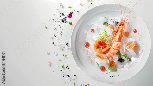 A sea food on michelin dish floating in air, drop, floating elements, top angle view, white studio background, Generative AI illustrations.	