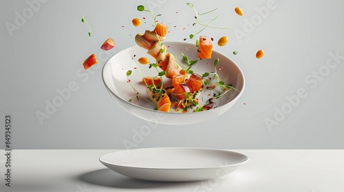 A sea food on michelin dish floating in air, drop, floating elements, top angle view, white studio background, Generative AI illustrations.	