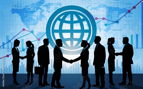 A group of business people shaking hands in front of a global icon, with charts and financial symbols in the background, in the style of a professional business 