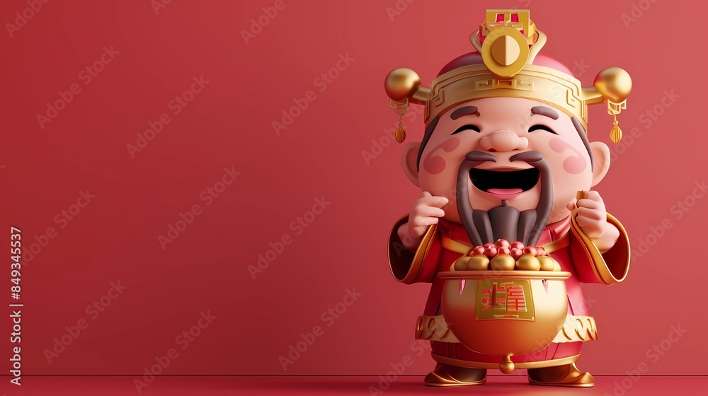 Cute chinese god of wealth, chinese door God, holding a large shiny gold ingot in his hand, smiling, minimalist style, simple and clean light red background, Generative AI illustrations. Cute chinese god of wealth, chinese door God, holding a large shiny gold ingot in his hand, smiling, minimalist style, simple and clean light red background, Generative AI illustrations.