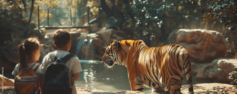 Family visiting a zoo for International Tiger Day, observing majestic tigers and learning about conservation, 4K hyperrealistic photo. Family visiting a zoo for International Tiger Day, observing majestic tigers and learning about conservation, 4K hyperrealistic photo.