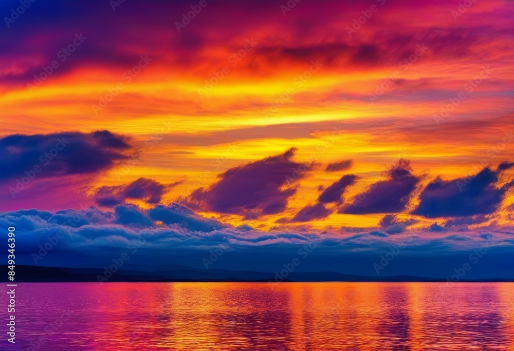 Naklejka premium A vibrant, colorful sunset over the ocean with waves crashing on the shore