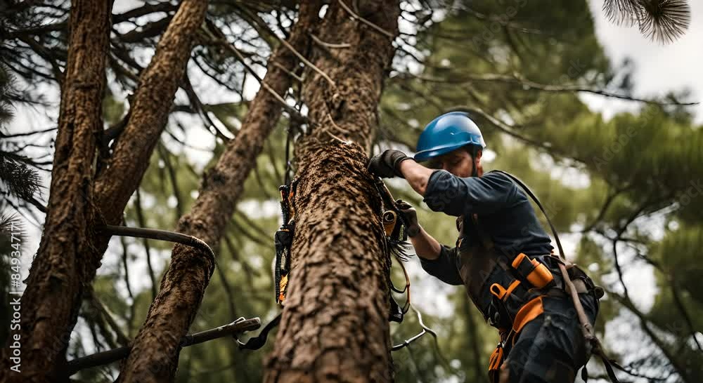 Lumberjack working hanging in a tree.