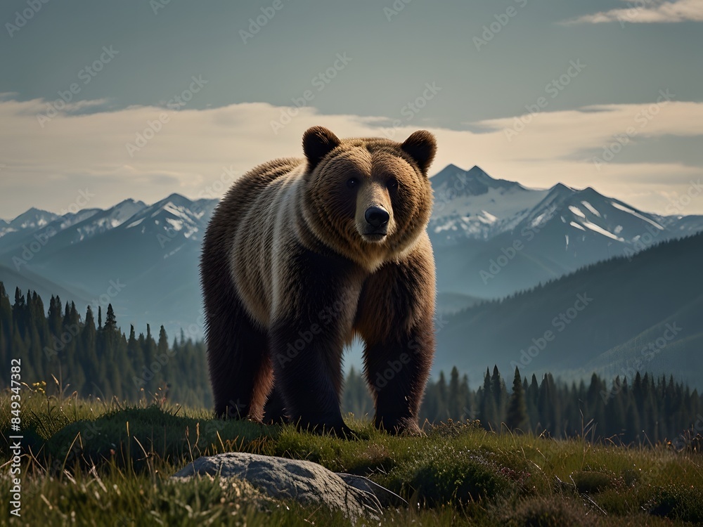 A brown bear standing on a rocky hillside, showcasing its majestic presence in its natural habitat A brown bear standing on a rocky hillside, showcasing its majestic presence in its natural habitat