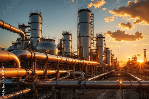 Oil Refinery at Sunset: Industrial Energy Production