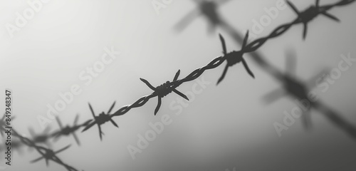 Blurred barbed wire fences fading into atmospheric fog, creating a moody and somber ambiance