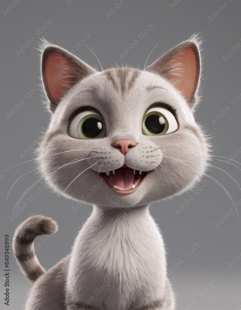 A 3D cartoon cat with whiskers and a mischievous grin on a gray background.