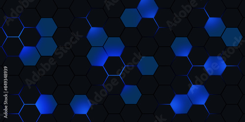 Dark gray and blue hexagonal technology abstract vector background. Blue bright energy flashes under hexagon in modern futuristic technology background. Dark gray honeycomb texture grid illustration.