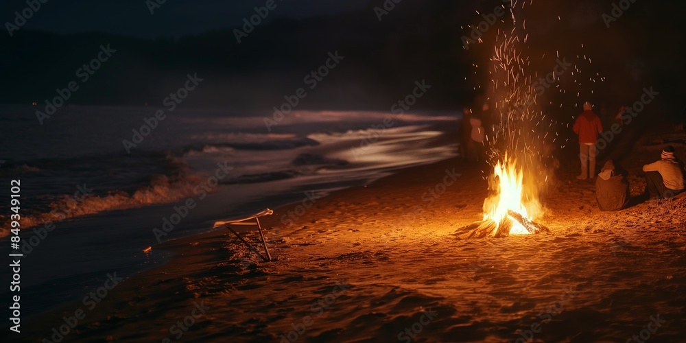 Fototapeta premium An evocative evening scene on the beach with a blazing bonfire, people in the background, and ocean waves