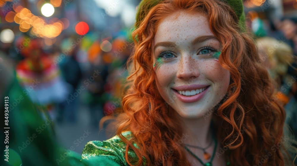 Smiling Red-Haired Woman in Saint Patrick's Costume Inviting to Parade
Smiling Red-Haired Woman in Saint Patrick's Costume Inviting to Parade