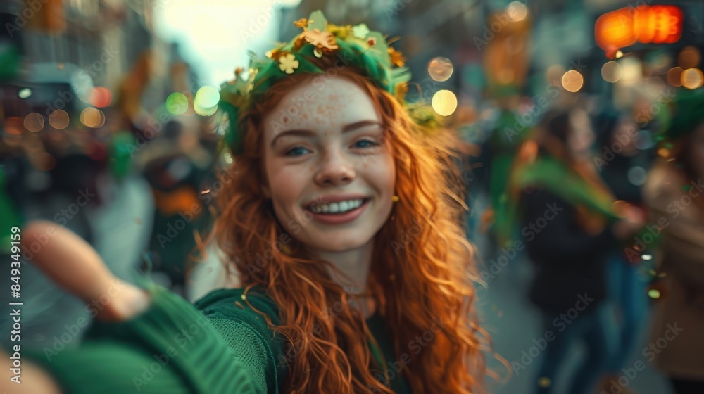 Smiling Red-Haired Woman in Saint Patrick's Costume Inviting to Parade
Smiling Red-Haired Woman in Saint Patrick's Costume Inviting to Parade
