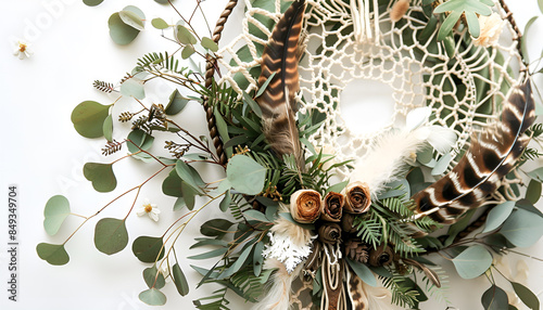 bohemianinspired wreath with feathers macrame accents and dried eucalyptus photo