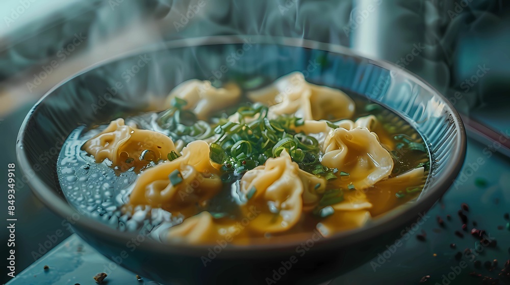 Close-up top view tempting wonton soup food, Generative AI illustrations. Close-up top view tempting wonton soup food, Generative AI illustrations.