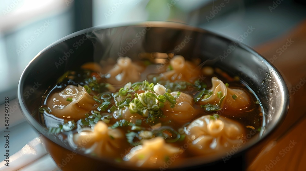 Close-up top view tempting wonton soup food, Generative AI illustrations. Close-up top view tempting wonton soup food, Generative AI illustrations.