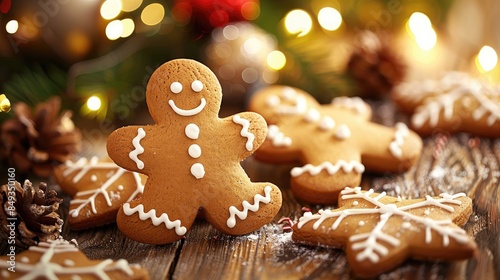 Festive gingerbread cookies displayed on a table with twinkling lights in the background © AkuAku