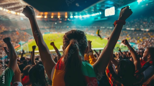 Back view of football, soccer fans cheering their team with colorful scarfs at crowded stadium at evening time, Generative AI illustrations.  photo