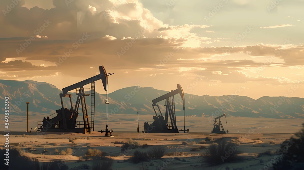 Oil drilling derricks at desert oilfield, crude oil production from the ground, petroleum production, Generative AI illustrations. 