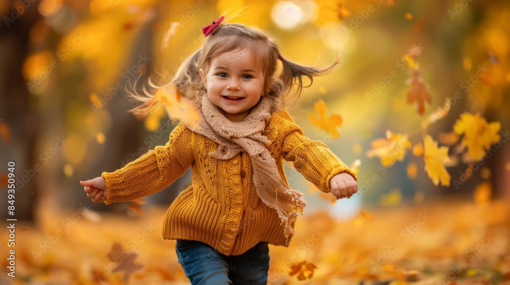 Fototapeta premium Happy child playing with autumn leaves in a park.